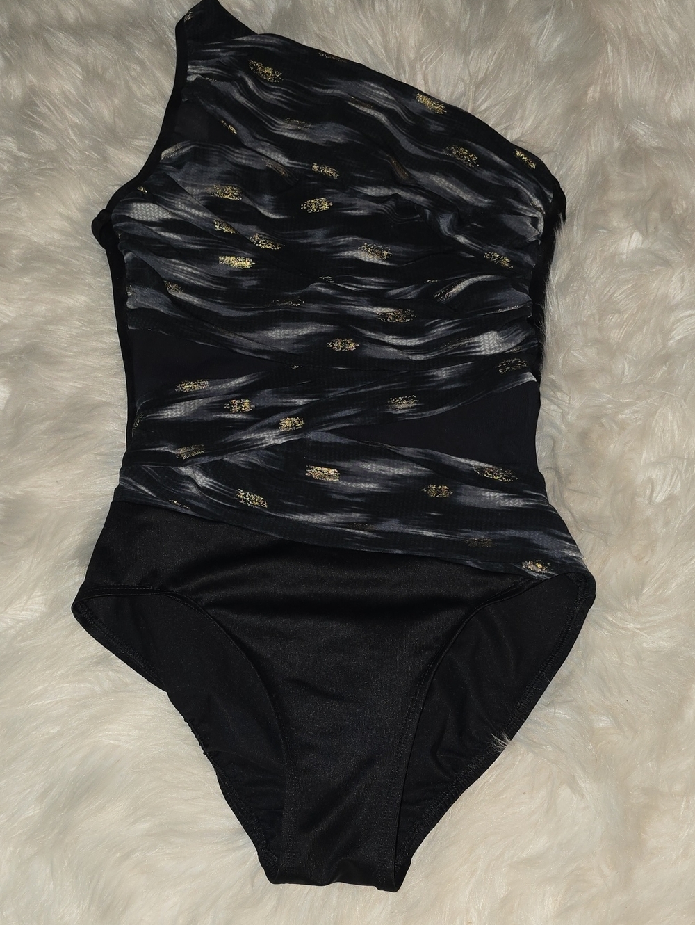 Miraclesuit Jena Black Gold One Shoulder Ruched Swimsuit SIZE 6